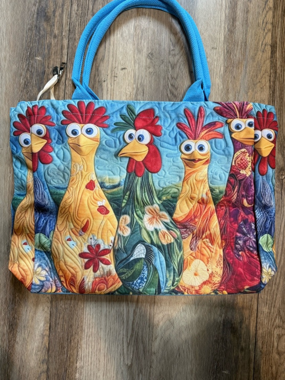 Colorful Rooster Print Tote Bag - Blue Handles